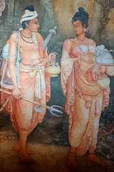 Väggmålning på väggarna i Kelaniya-templet vid Kelaniya Vihara, en av de heligaste buddhistiska platserna cirka sex miles från huvudstaden Colombo på Sri Lanka. 7 januari 2010.